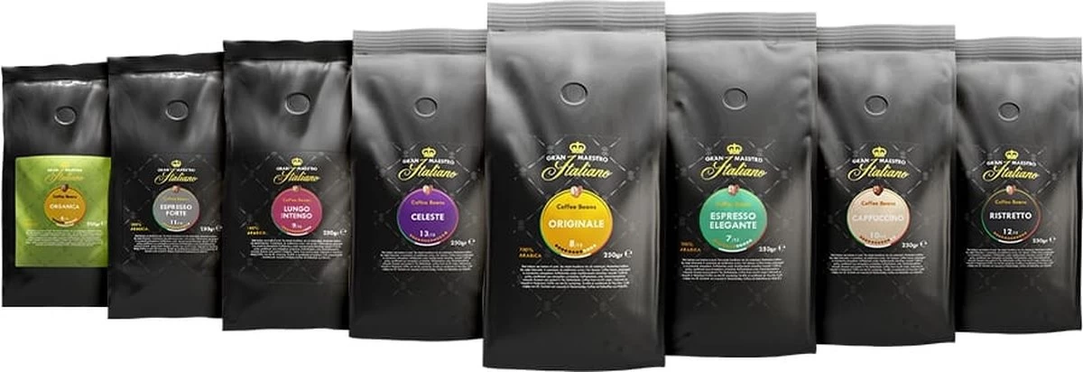 Gran Maestro Italiano - Koffiebonen - Koffiebonen Proefpakket - Alles Van Gran Maestro Italiano - 8x 250g 3 Gran Maestro Italiano - Koffiebonen - Koffiebonen Proefpakket - Alles Van Gran Maestro Italiano - 8x 250g