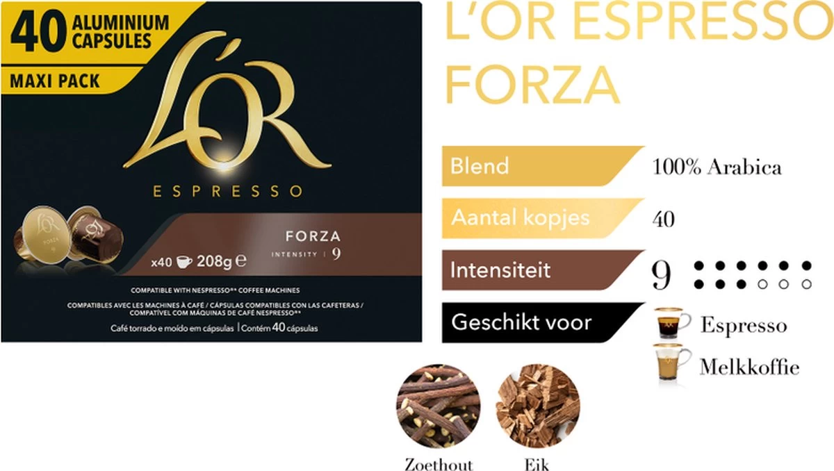 L'OR Espresso Forza Koffiecups - Intensiteit 9/12 - 4 X 40 Capsules 5 L'OR Espresso Forza Koffiecups - Intensiteit 9/12 - 4 X 40 Capsules - Afbeelding 3