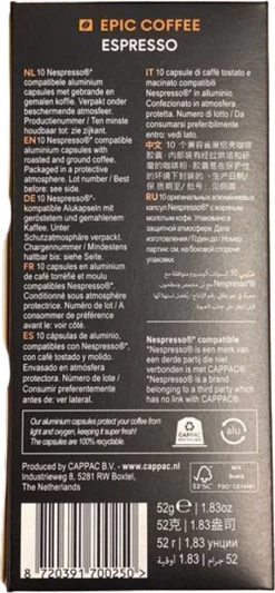 100 Capsules Epic Coffee - Espresso - Nespresso® Compatible Aluminium Capsules - RFA Keurmerk - Doos 100 Stuks -Koffiehuis 556x1200